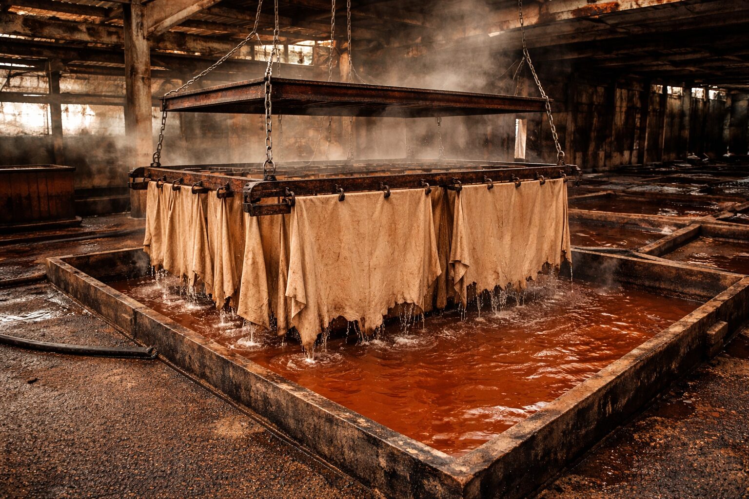 皮にピット槽でタンニンを染み込ませてる画像